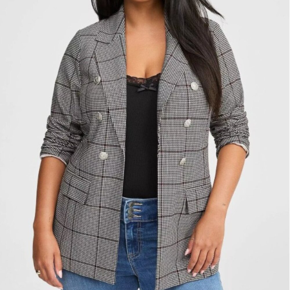 Torrid Studio Ponte Double Breasted Relaxed Blazer Size 1 Houndstooth Plaid